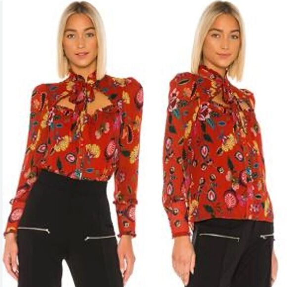 ALEXIS Elodie Pleated Chiffon Blouse Peasant Ruffle Floral Tie Front - Picture 3 of 11